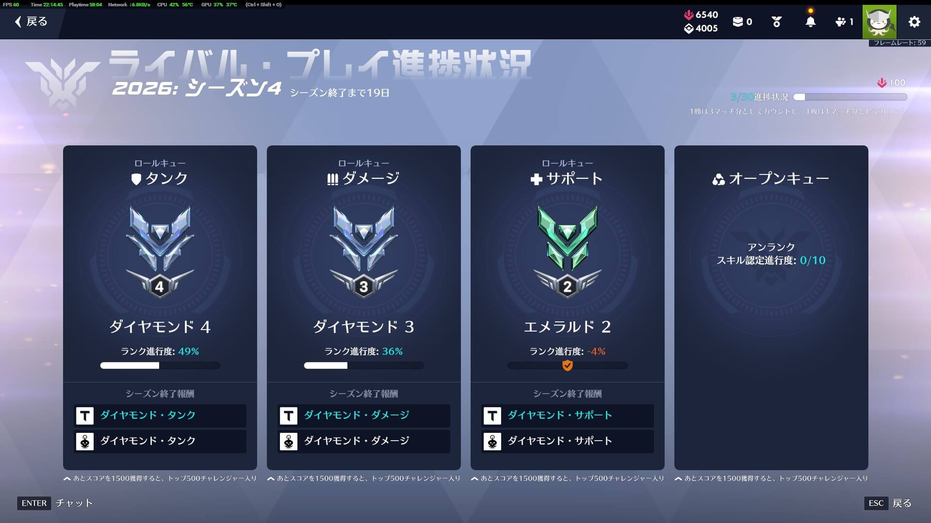 シーズン4の認定後にエメラルド帯で試合を重ねた現在のランク画面