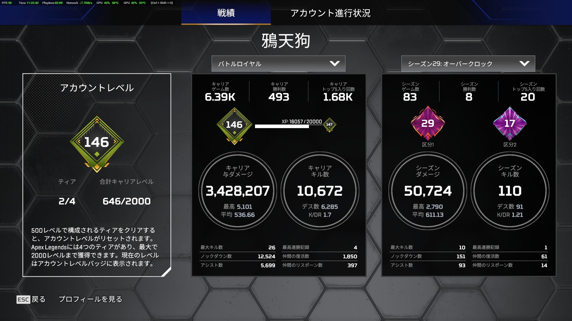 APEXの戦績画面。キャリアキル数10672とK/DR1.7が表示されている