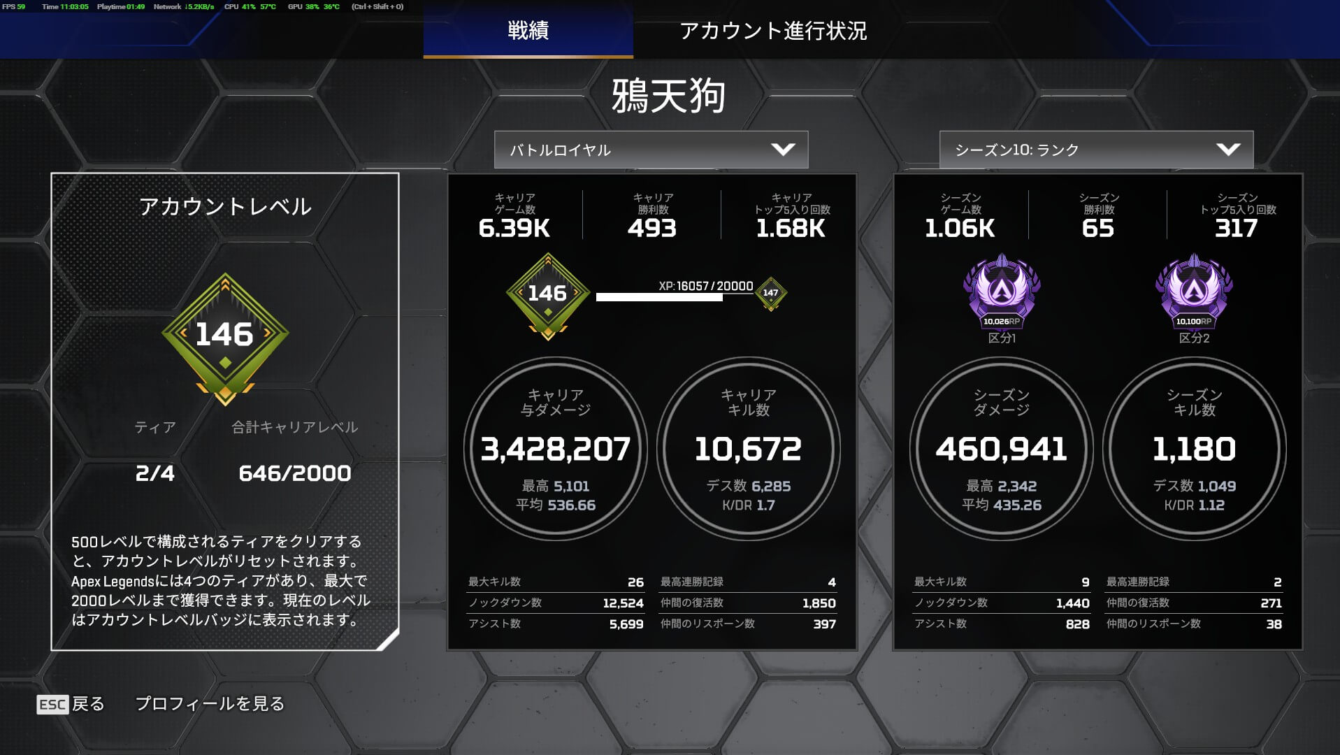 シーズン10のランク成績。区分1が10026RP、K/DRは1.12